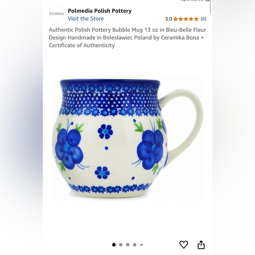 Authentic Polish Pottery Blue Floral Ceramic Mug